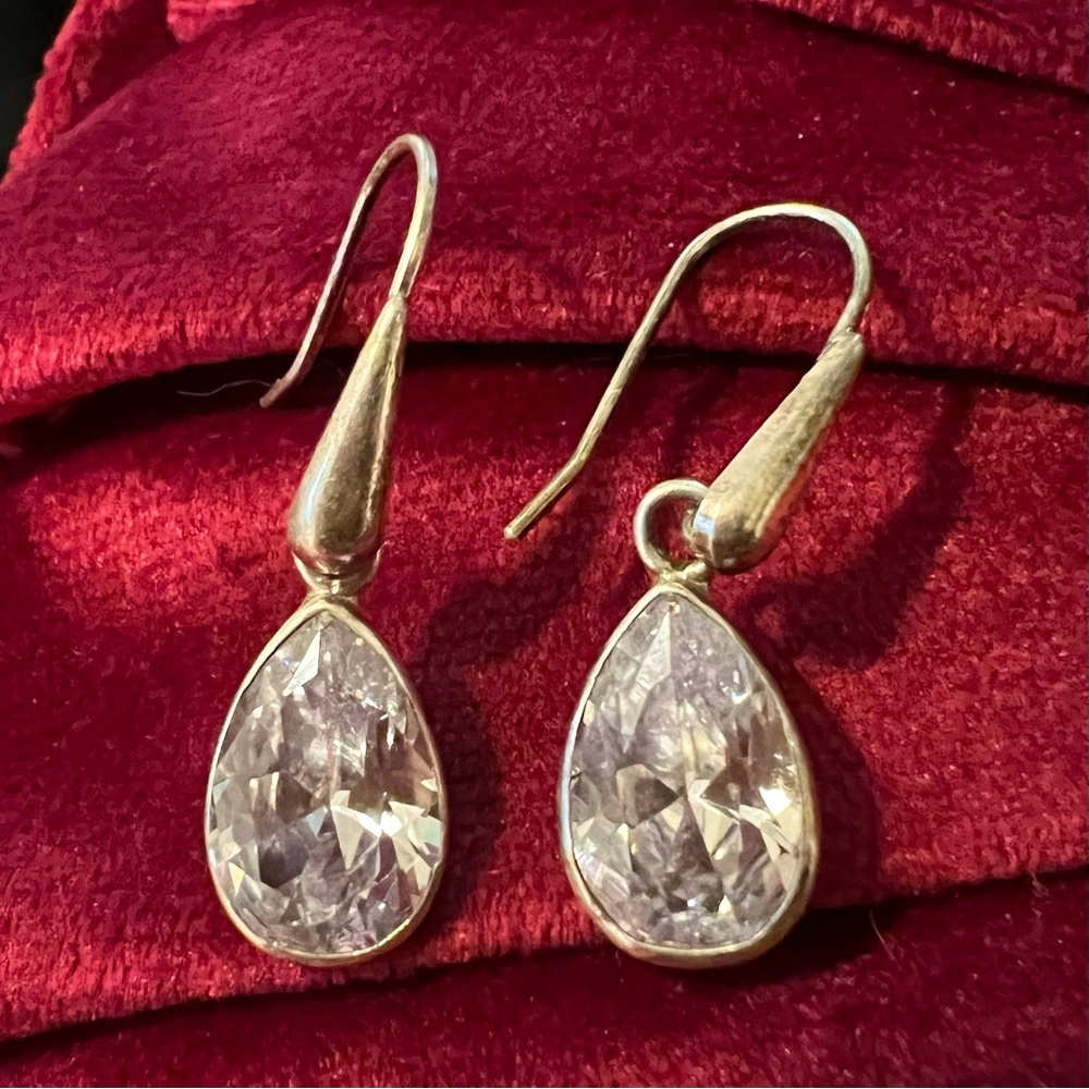Vtg S925 Sterling Silver faux diamond teardrop solitaire dangle drop earrings
